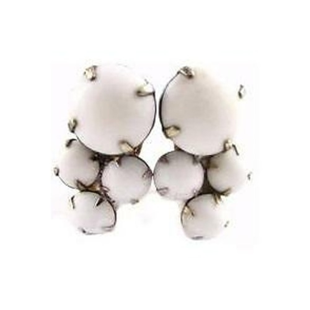 Vintage White Milk Glass Prong-Set Rhinestone Cabochon Clip-On Earrings